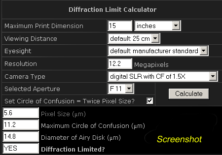 Diffraction Limit Calculator Screenshot