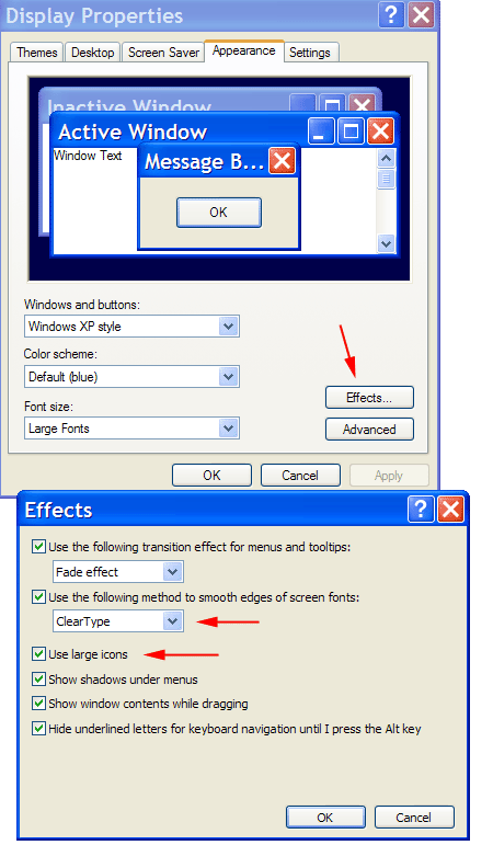 Clear Type  and Large Icons