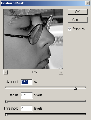 Unsharp Mask popup screen